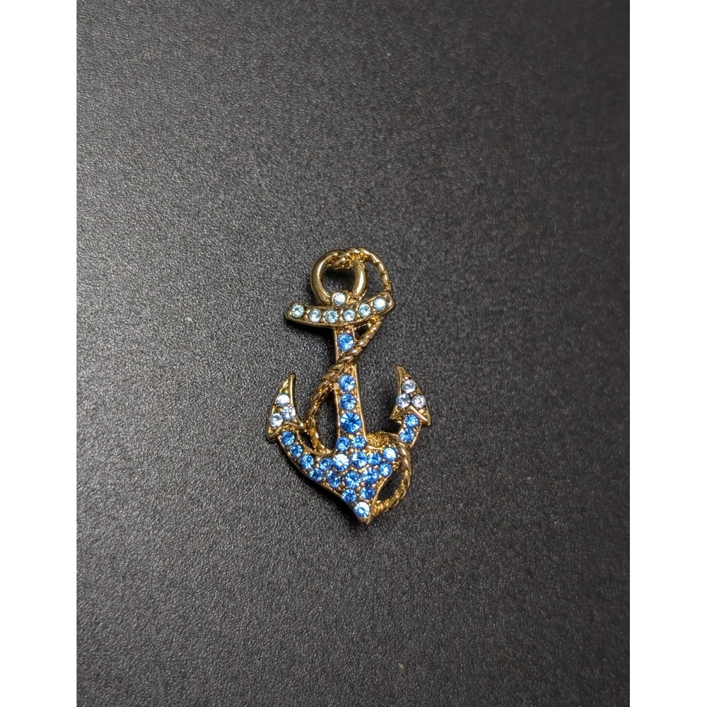 Vintage Monet Anchor Brooch Pin Blue Rhinestone Gold Tone Nautical Theme Sailor